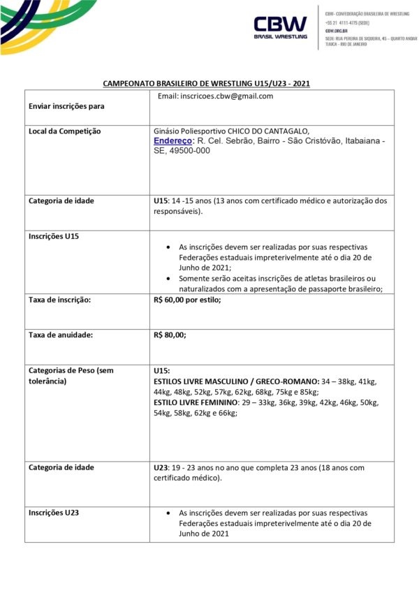Campeonato Brasileiro U23 2021 (inscrições RJ) em Itabaiana Sympla