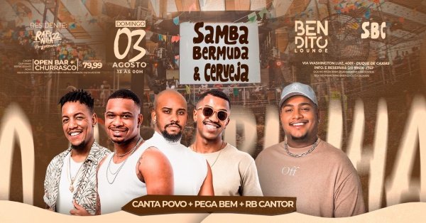 Banner CHURRASCADA / OPEN BAR / SAMBA BERMUDA E CERVEJA / PEGA BEM / CANTOR RB