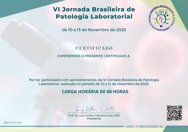 Imagem do evento Certificado - Jornada Brasileira de Patologia Laboratorial | JBPL 2025