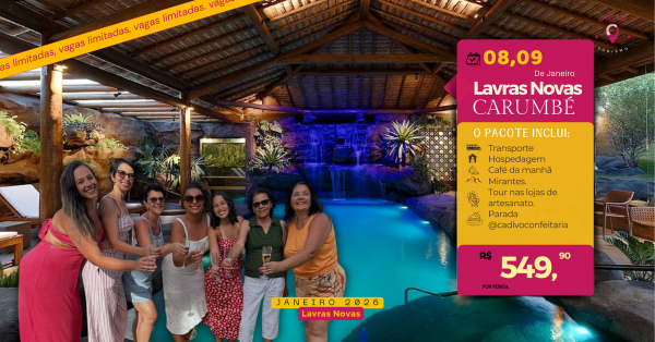 Imagem do evento Lavras Novas hospedagem Carumbé Entrada R$259,90 + R$ 300,00 até o dia