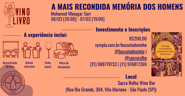 Imagem do evento VINO LIVRO - A MAIS RECÔNDITA MEMÓRIA DOS HOMENS (Mohamed Mbougar Sarr)