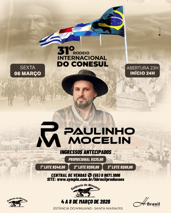 Imagem do evento Paulinho Mocelin a noite toda dia 06 de março no 31º Rodeio do Conesul