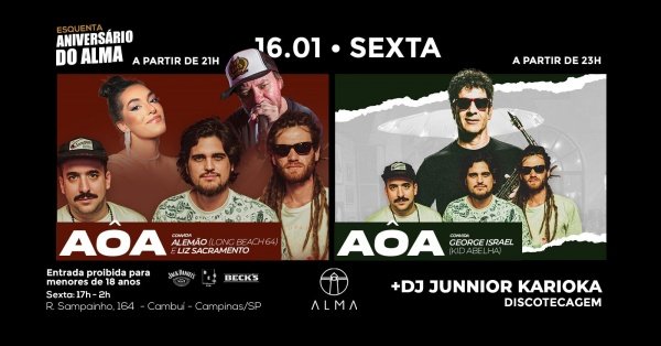 Imagem do evento AÔA CONVIDA GEORGE ISRAEL, LIZ SACRAMENTO E ALEMÃO NO ALMA CAMPINAS | 16.01