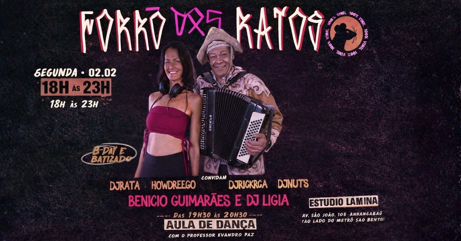 Forró dos Ratos convida Benicio Guimarães e aniversário e batizado da Dj Ligia no Estúdio Lâmina - São Paulo, SP