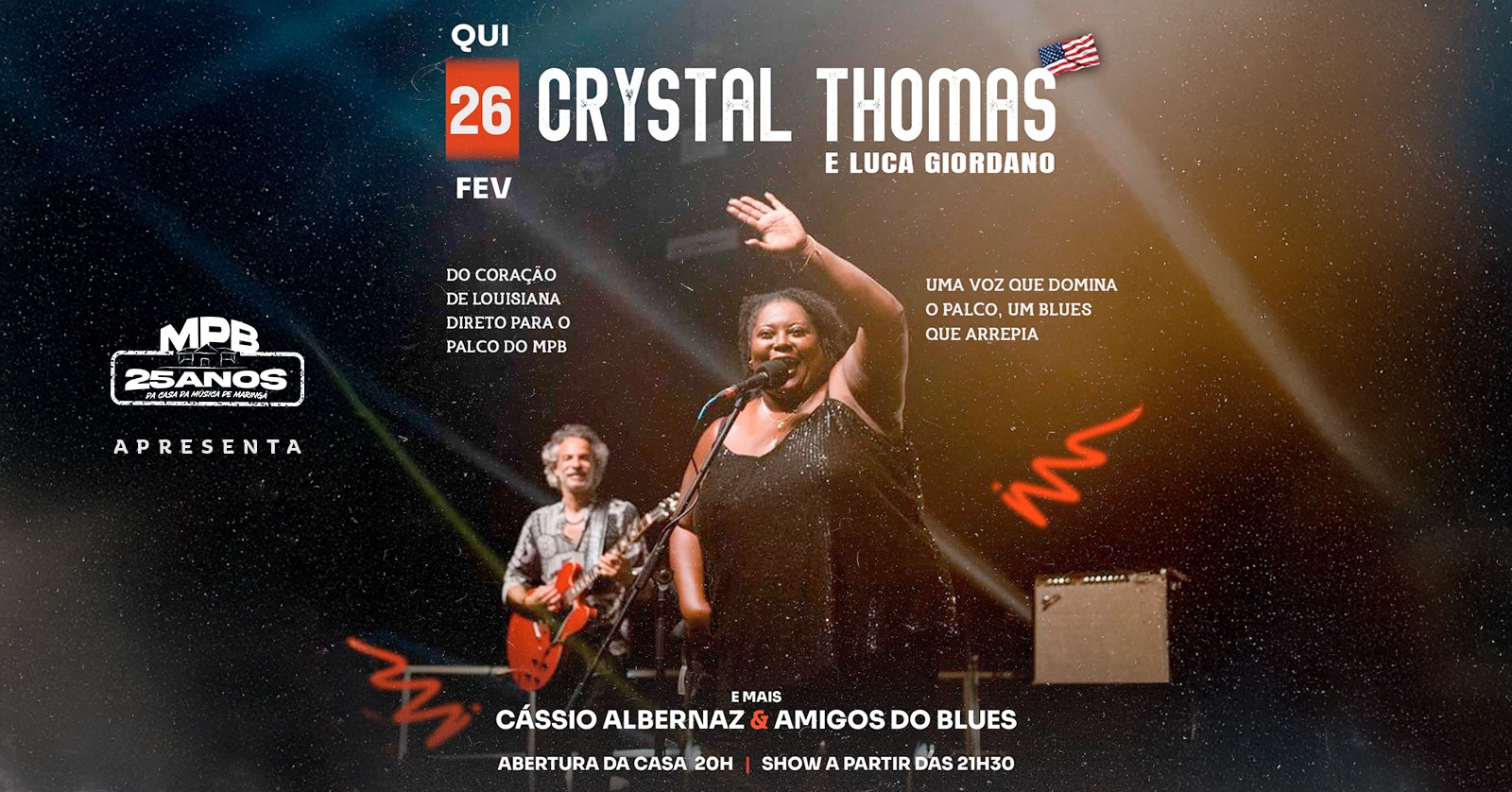 Image for the event: Crystal Thomas com o guitarrista Luca Giordano (Italia) + Cassio Albernaz e os amigos do Blues