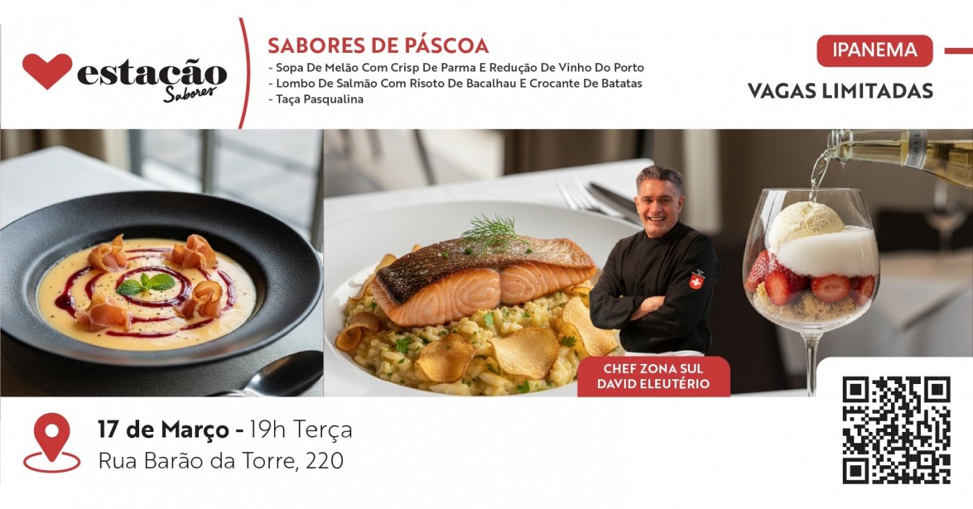 SABORES DE PÁSCOA - Sopa de melão c/ parma, Lombo de Salmão com Risotto e Taça pasqualina