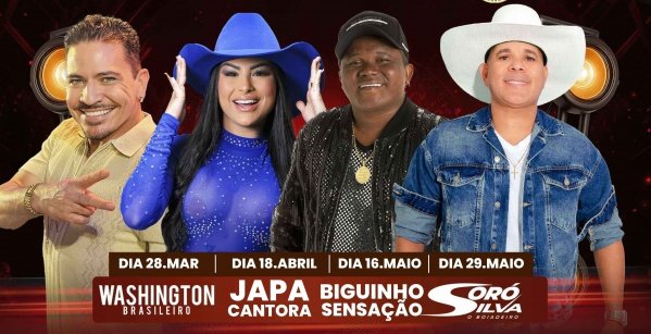 Imagem do evento Pacote 4 festas: Washington Brasileiro + Japa Cantora + Biguinho Sensação + Soró Silva