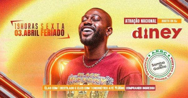 Imagem do evento DINEY ( ATRAÇÃO NACIONAL ) SAMBA DA GALERIA ( 03/04 ) SEXTA-FEIRA