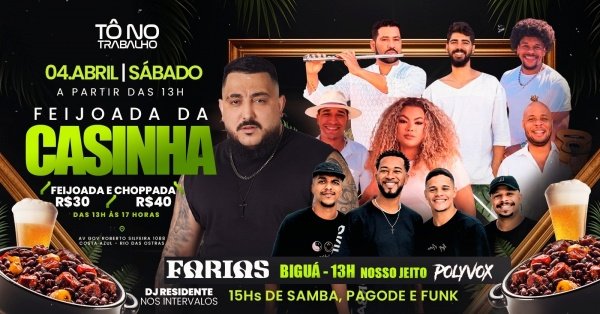 Imagem do evento Feijoada &amp; Samba | 04ABR (SAB) | Tô no Trabalho (Éden)