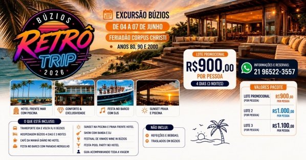 Imagem do evento BÚZIOS RETRÔ TRIP 2026 | 4 DIAS EM BÚZIOS | HOSPEDAGEM | FESTAS | TURISMO | SHOWS E DJS | BÚZIOS