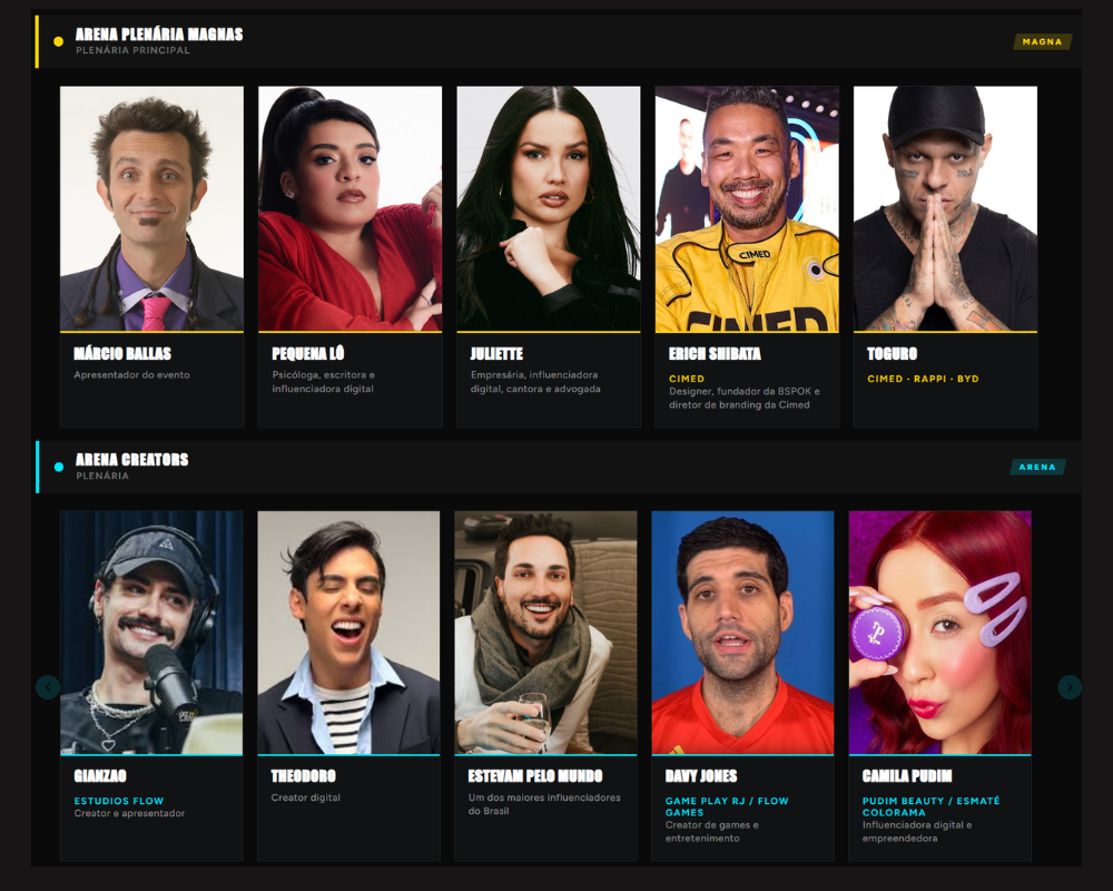 Programação da Plenária e Arena Creators, com palestrantes: Toguro, Juliette, Pequena Lo, Erich Shibata, Camila Pudim, Theodoro, Estevam pelo Mundo, Davy Jones e Gianzao