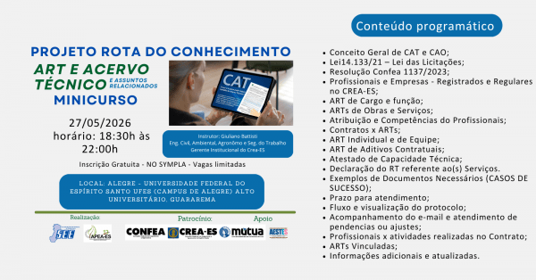 Imagem do evento Minicurso ART e Acervo Técnico - Projeto Rota do Conhecimento - ES