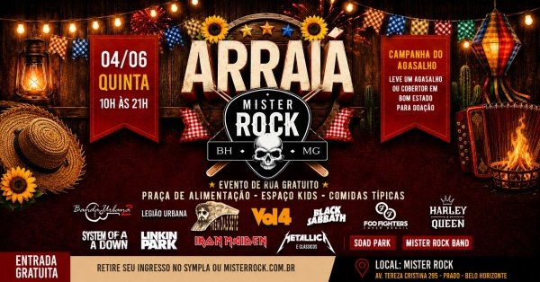 Imagem do evento 04/06 - Arraiá Mister Rock: Harley Queen, Vol IV, Foo Fighters Cover Brasil, Trem das Sete e mais