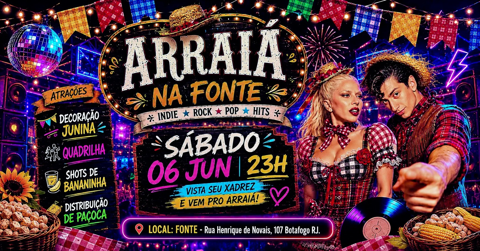 ARRAIÁ na Fonte| FESTA JUNINA | Hits de POP, INDIE e ROCK | Quadrilha, Shots de bananinha e Paçoca! - Rio de Janeiro, RJ
