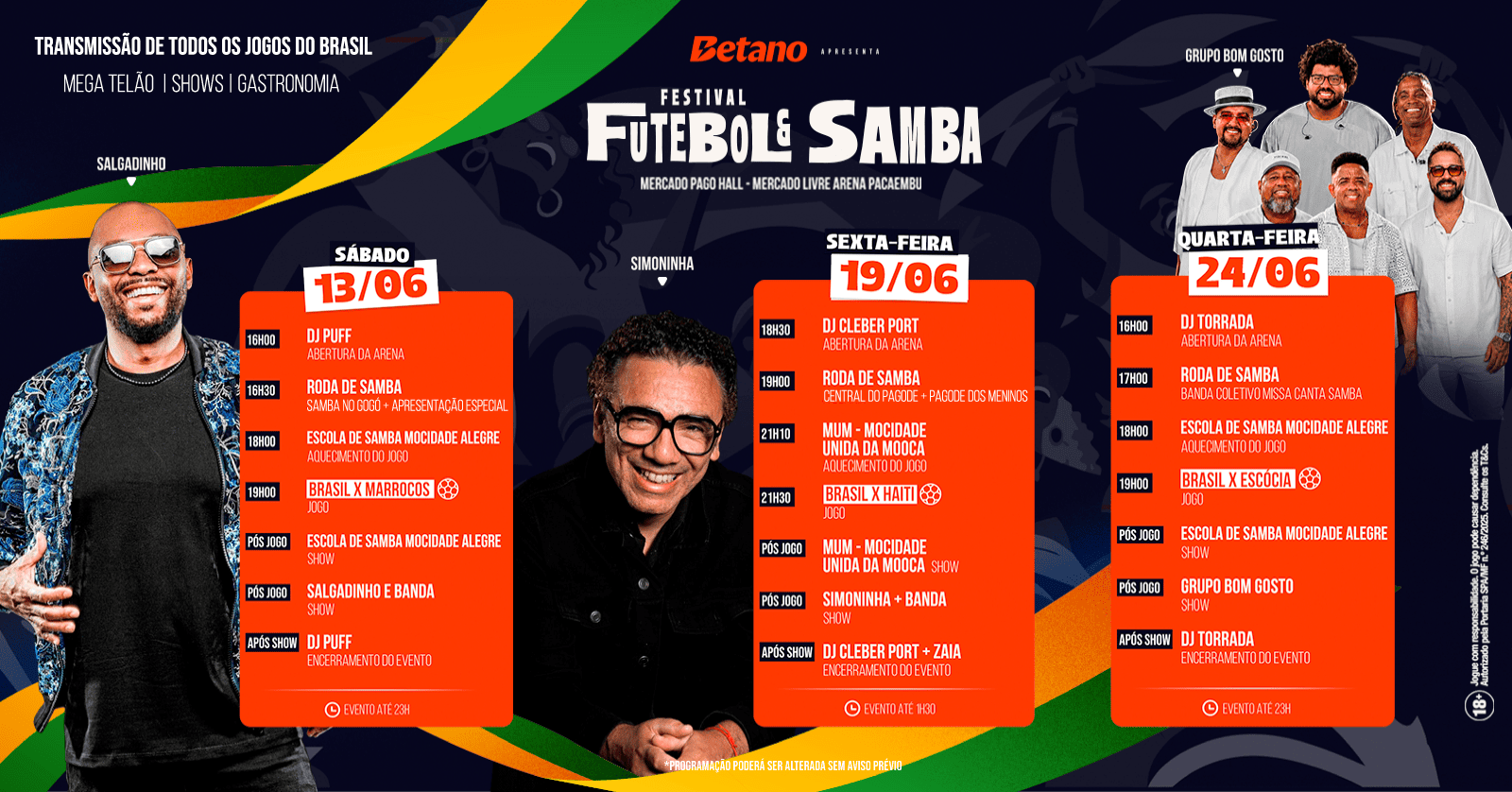 Panfleto de informações com as atrações do Festival Futebol & Samba.