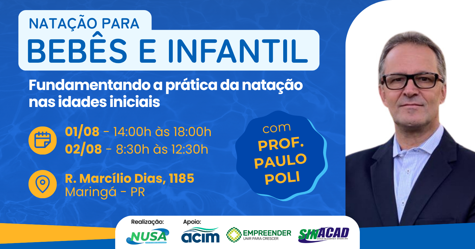 Image for the event: Curso de Natação para bebês e infantil com Prof. Paulo Poli (01 e 02 de agosto de 2026)