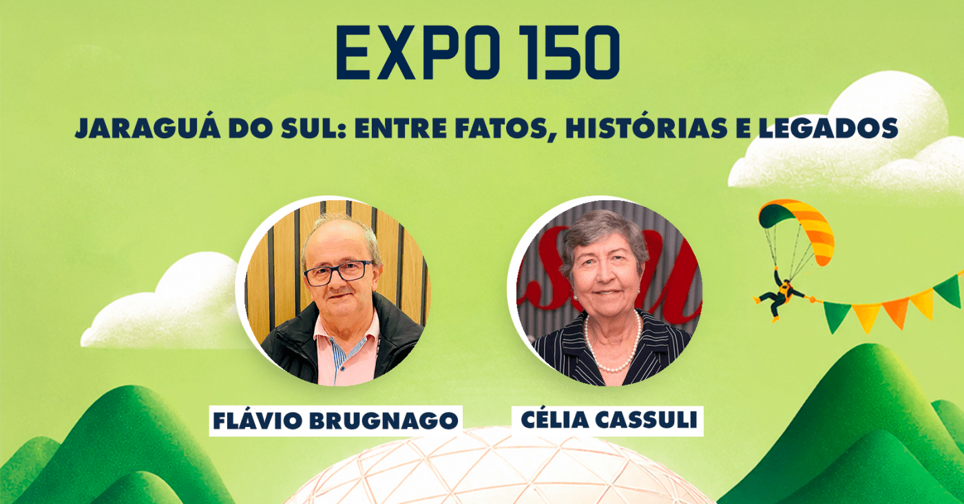 Cartaz da palestra Jaraguá do Sul: Entre Fatos, Histórias e Legados, com Flávio Brugnago e Célia Cassuli.