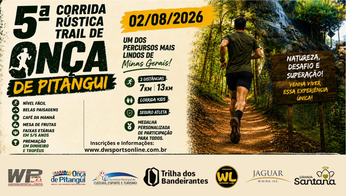 5º Corrida Rústica Trail - Onça de Pitangui - 02/08/2026 - 8 km e 13,5 km (Cópia)