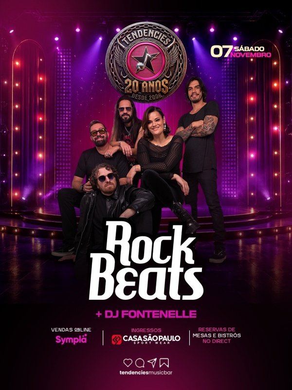 Imagem do evento ROCK BEATS - 20 ANOS DE TENDENCIES - ABERTURA COM DJ FONTNELLE (MAPA DE MESAS NO INSTAGRAM)