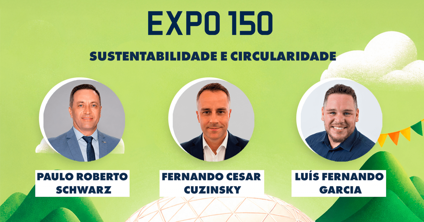 Cartaz da palestra Sustentabilidade e Circularidade com Paulo Roberto Schwarz, Fernando Cesar Cuzinsky e Luís Fernando Garcia.