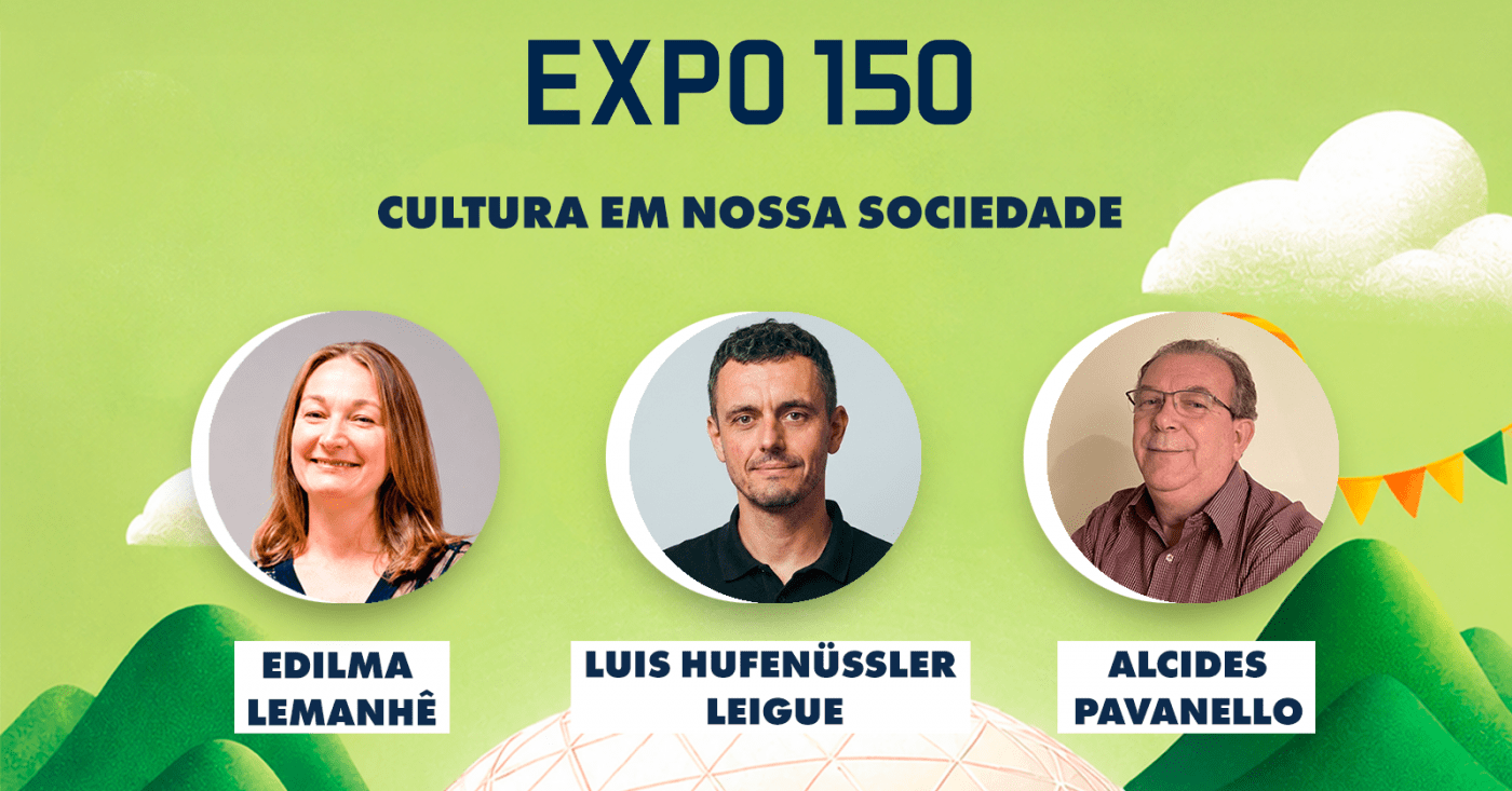 Cartaz da palestra Cultura em nossa Sociedade com Edilma Lemanhê, Luis Hufenüssler Leigue e Alcides Pavanello.