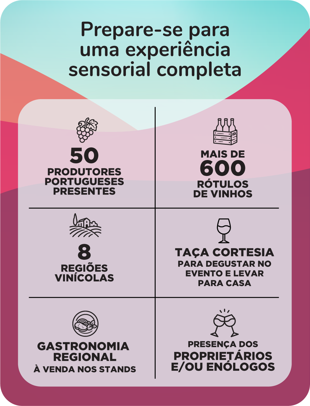 Prepare-se para uma experiência sensorial completa, com:
50 expositores portugueses reunidos em um só lugar
Mais de 600 rótulos de vinhos, diretamente dos produtores de 8 regiões vinícolas de Portugal
Gastronomia regional para ser adquirida nos stands e harmonizar com os vinhos
Música ao vivo para embalar o ambiente com alegria
Contato direto com produtores e especialistas, com histórias, curiosidades e trocas enriquecedoras
Um cenário icônico do Rio de Janeiro, perfeito para quem valoriza experiências memoráveis
Taça oficial de provas para degustar nos stands