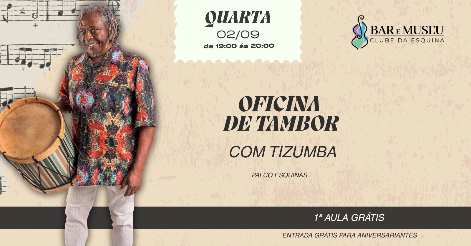 OFICINA DE TAMBOR COM O MESTRE  - MAURICIO TIZUMBA NO CLUBE DA ESQUINA 