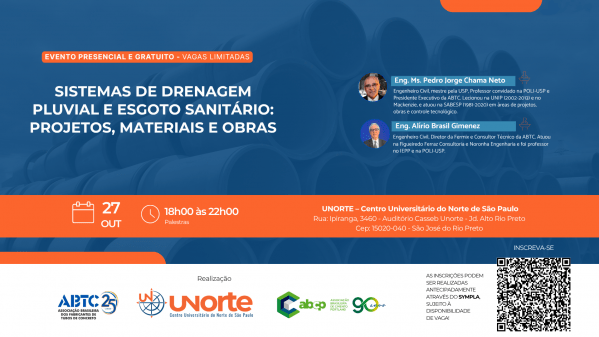 Imagem do evento Evento: SISTEMAS DE DRENAGEM PLUVIAL E ESGOTO SANITÁRIO - PROJETOS, MATERIAIS E OBRAS