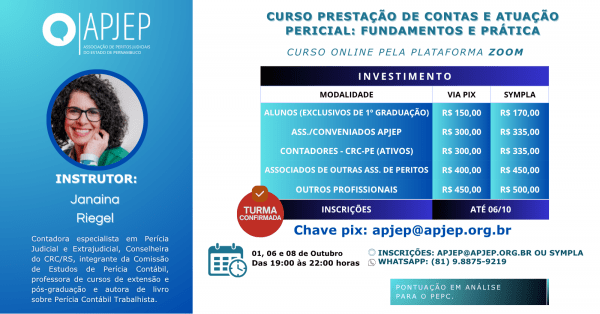 Imagem do evento ATENÇÃO CURSO ONLINE: CURSO PRESTAÇÃO DE CONTAS E ATUAÇÃO PERICIAL: FUNDAMENTOS E PRÁTICA