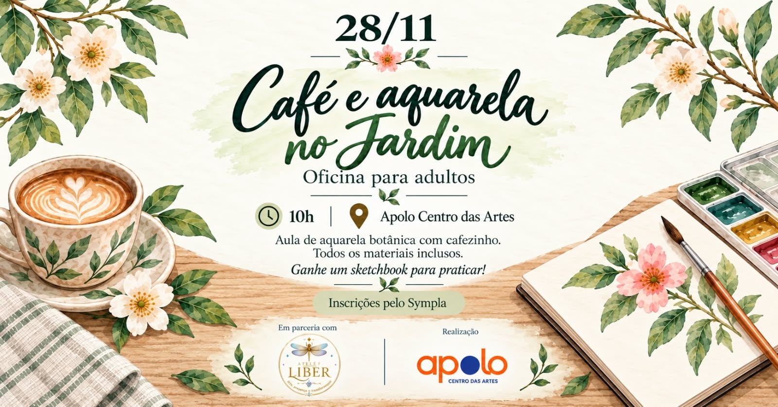 Café e Aquarela no Jardim: oficina para adultos
