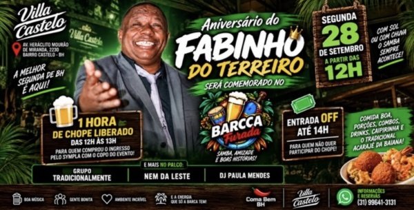 Imagem do evento 28/09 EDIÇÃO ESPECIAL ANIVERSÁRIO  DO FABINHO DO TERREIRO COM NEM DA LESTE , GRUPO TRADICIONALMENTE
