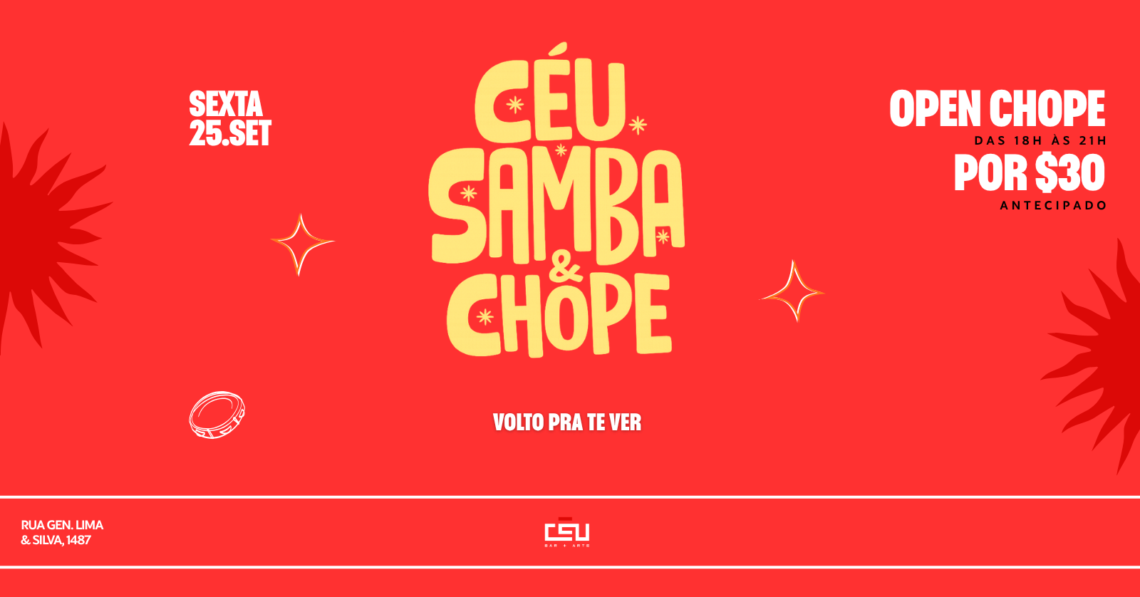 Céu Samba e Chope // 25 de Setembro // Volto pra te ver + Acústico Alemão Douglas + DJ Resenha