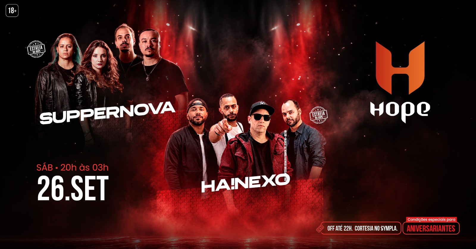 26/09 Sábado na Hope - Estreias bandas Suppernova + Hanexo