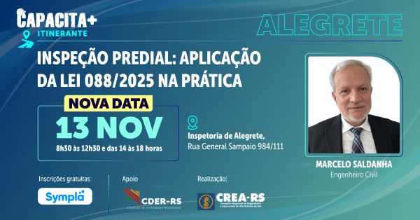 Imagem do evento CAPACITA+ PRESENCIAL  - INSPEÇÃO PREDIAL: APLICAÇÃO DA LEI n. 088/2025 - Alegrete NA PRÁTICA