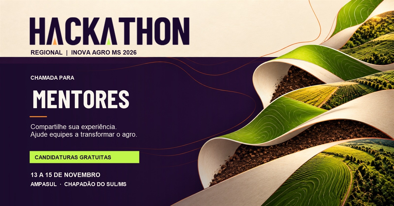 Capa de Inscrição para Mentores do Hackathon Regional Inova Agro MS 2026