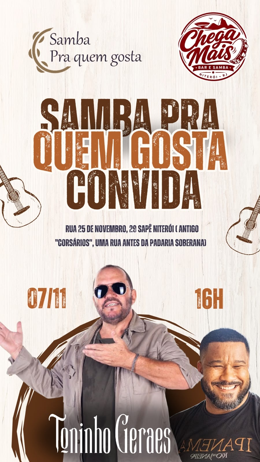 Cartaz de Samba pra quem gosta convida a Toninho Gerais