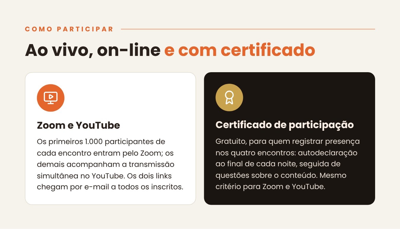 Como participar: Zoom para os primeiros 1.000 participantes de cada encontro e transmissão simultânea no YouTube. Certificado de participação para quem registrar presença nos quatro encontros, por autodeclaração seguida de questões sobre o conteúdo.