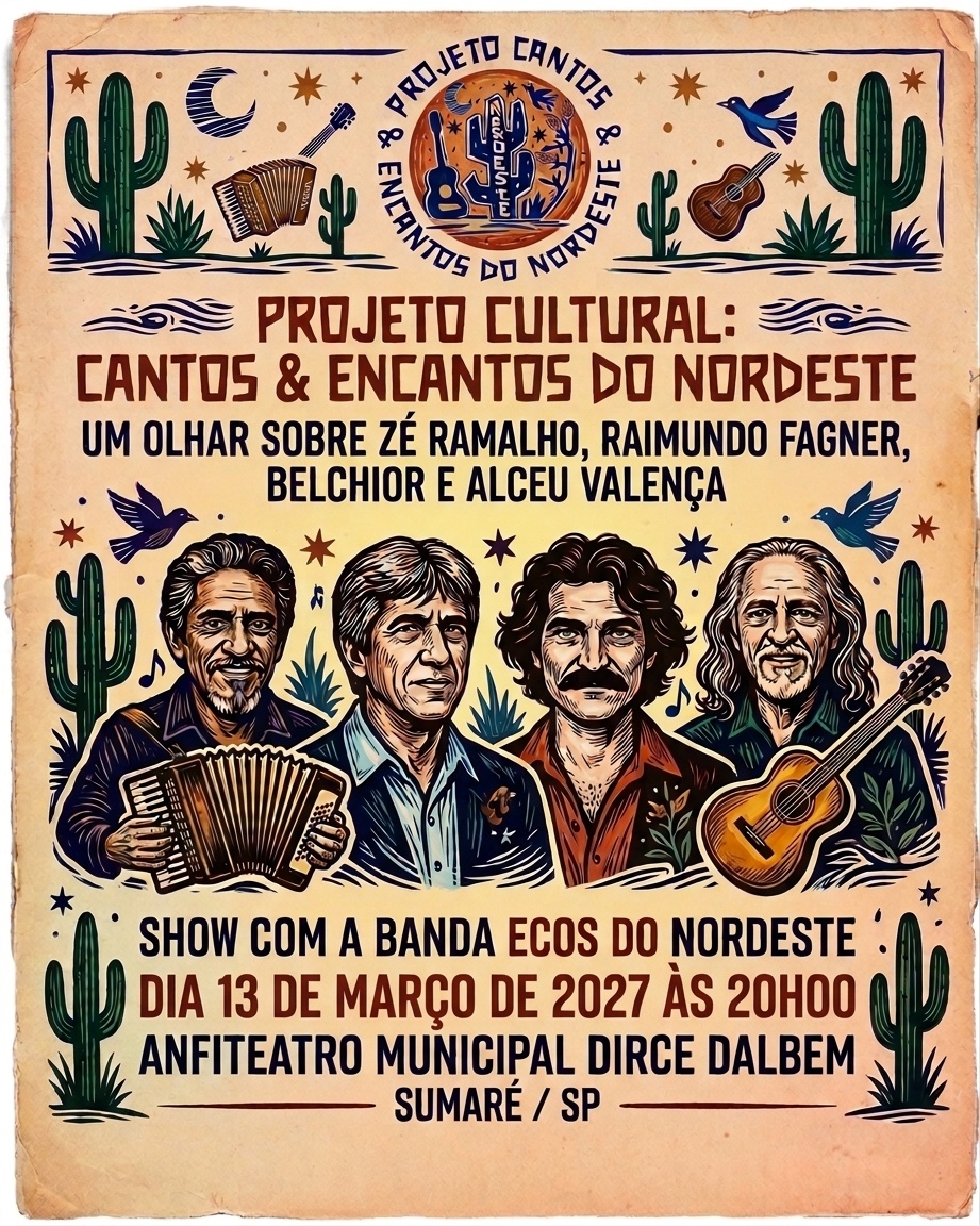 PROJETO "CANTOS e ENCANTOS DO NORDESTE - OLHAR SOBRE ZÉ RAMALHO/FAGNER/BELCHIOR/ALCEU VALENÇA - Sumaré, SP
