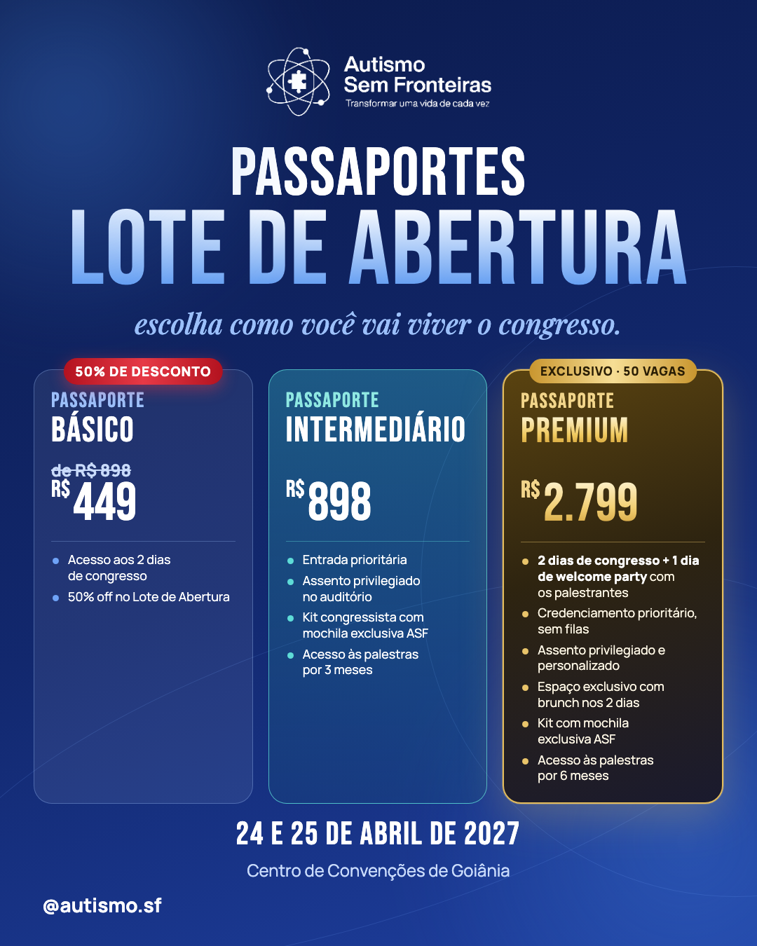 Passaportes do Lote de Abertura: Básico R$ 449, Intermediário R$ 898 e Premium R$ 2.799